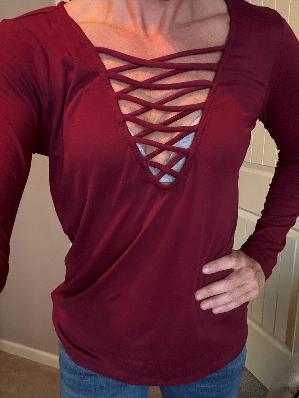 Daytrip Burgundy Lattice V-Neck Long Sleeve Top